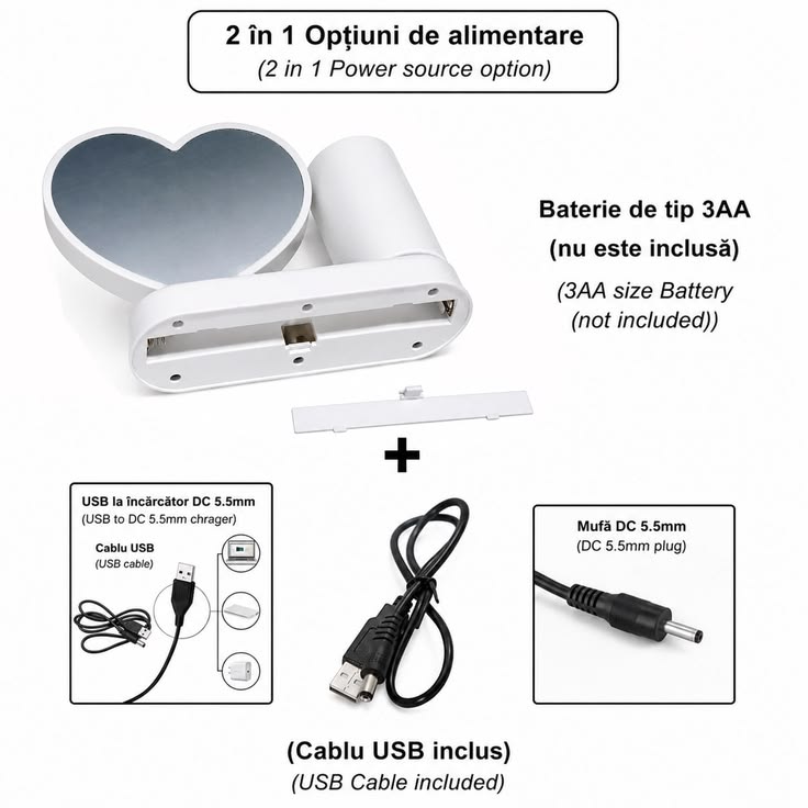 Oglinda magica PERSONALIZATA CU POZA si lumina LED cu suport de pixuri - INIMA