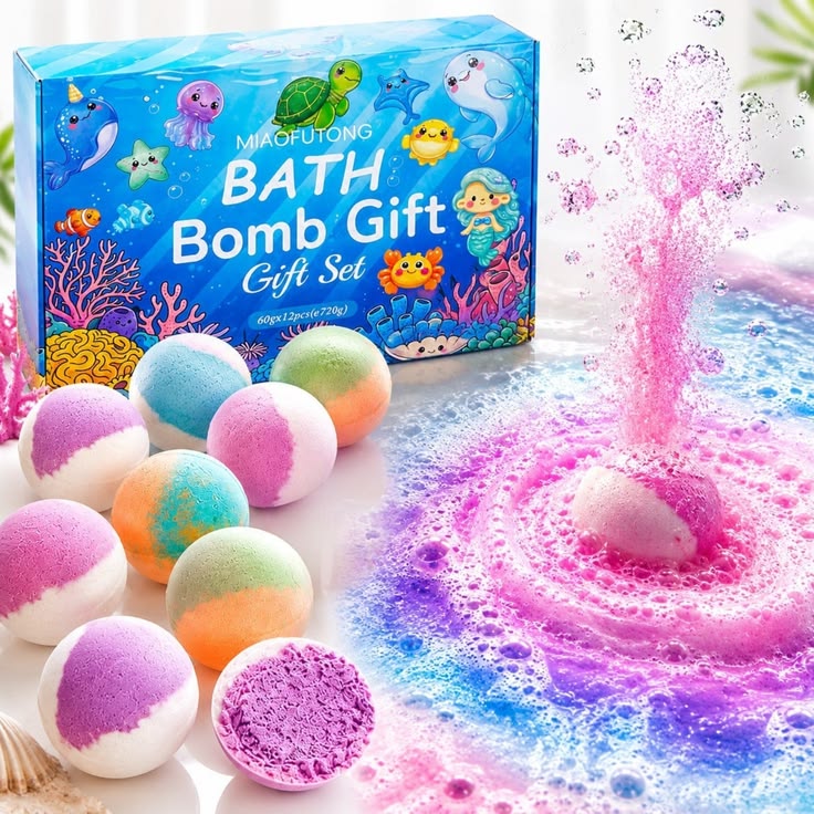 Bombe de Baie 3/set cu Surprize Marine, Efervescente și Parfumate, 60g/Buc, Figurine Ascunse în Interior 5cm, Diferite Arome
