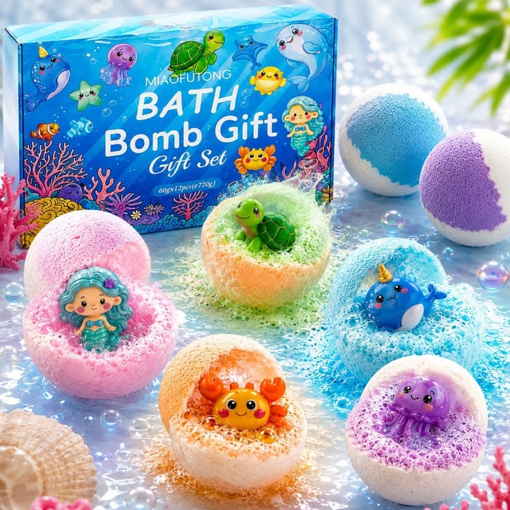 Bombe de Baie 3/set cu Surprize Marine, Efervescente și Parfumate, 60g/Buc, Figurine Ascunse în Interior 5cm, Diferite Arome