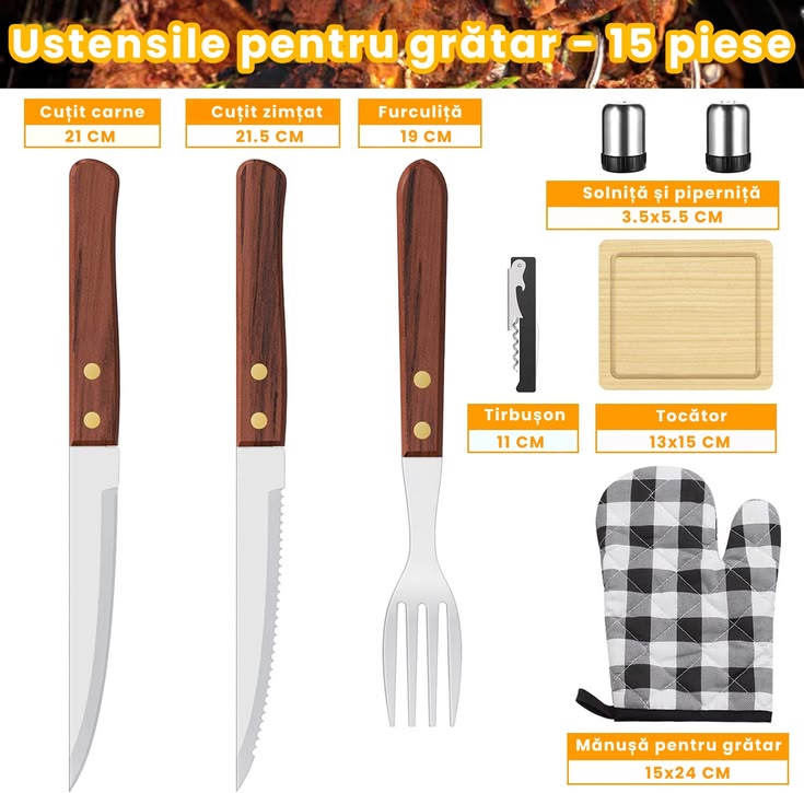 Set de Accesorii Gratar,Engros cu Lada Frigorifica si Husa de Transport, din Otel Inoxidabil, Include Termometru, Pensule, Solnite, Tocator, Tirbuson, Clesti, 15pcs ! REDUCERE