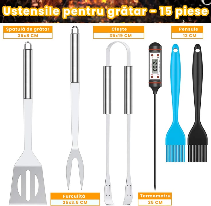 Set de Accesorii Gratar,Engros cu Lada Frigorifica si Husa de Transport, din Otel Inoxidabil, Include Termometru, Pensule, Solnite, Tocator, Tirbuson, Clesti, 15pcs ! REDUCERE