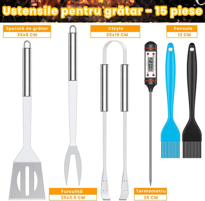 Set de Accesorii Gratar,Engros cu Lada Frigorifica si Husa de Transport, din Otel Inoxidabil, Include Termometru, Pensule, Solnite, Tocator, Tirbuson, Clesti, 15pcs ! REDUCERE