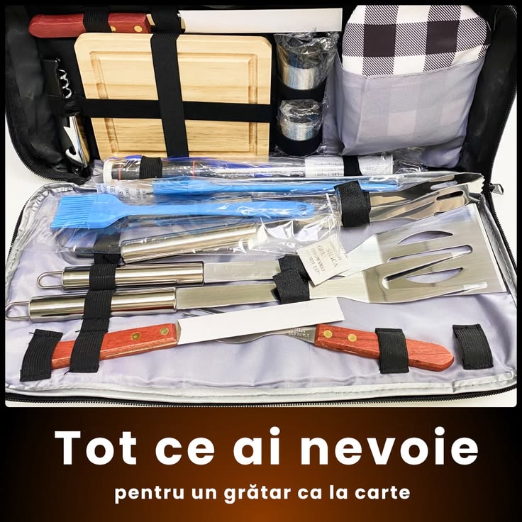 Set de Accesorii Gratar,Engros cu Lada Frigorifica si Husa de Transport, din Otel Inoxidabil, Include Termometru, Pensule, Solnite, Tocator, Tirbuson, Clesti, 15pcs ! REDUCERE