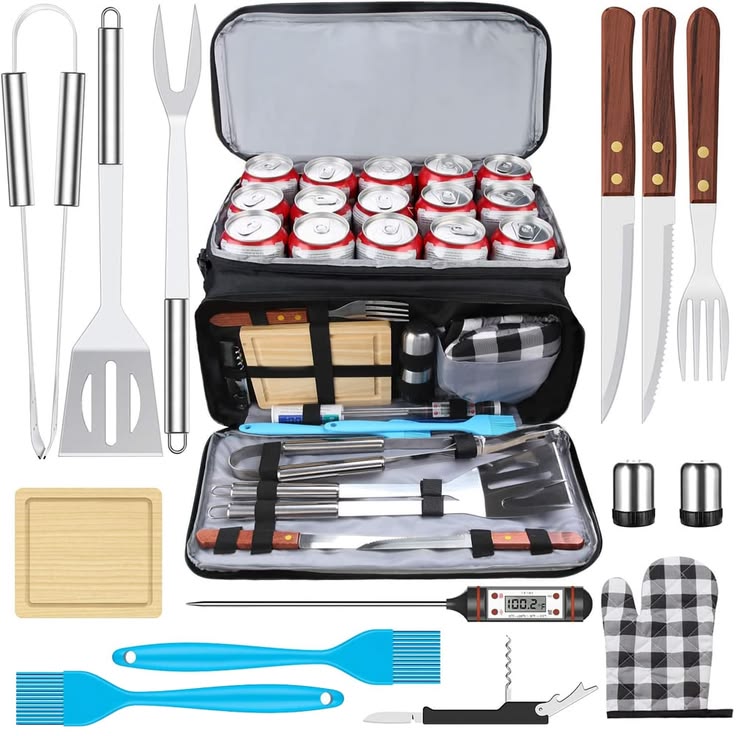 Set de Accesorii Gratar,Engros cu Lada Frigorifica si Husa de Transport, din Otel Inoxidabil, Include Termometru, Pensule, Solnite, Tocator, Tirbuson, Clesti, 15pcs ! REDUCERE