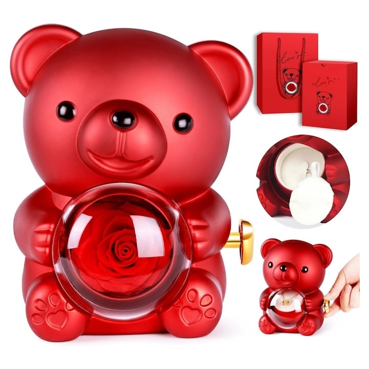 Set cadou COLIER + trandafir etern si ursulet ROSU, 360° rotativ! REDUCERE