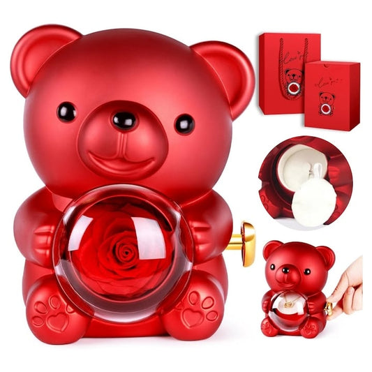 Set cadou COLIER + trandafir etern si ursulet ROSU, 360° rotativ! REDUCWEW