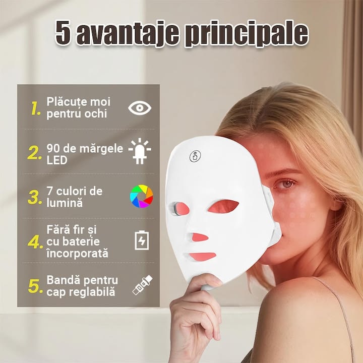 Masca faciala LED cu 7 culori, comutator cu un singur buton, 90 de bilete LED, banda reglabila, design fara fir, incarcare USB, reduce ridurile, acnee si petele, ilumineaza tonul pielii, este potrivita pentru toate tipurile de piele, alb