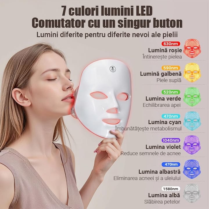 Masca faciala LED cu 7 culori, comutator cu un singur buton, 90 de bilete LED, banda reglabila, design fara fir, incarcare USB, reduce ridurile, acnee si petele, ilumineaza tonul pielii, este potrivita pentru toate tipurile de piele, alb