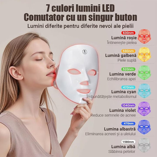 Masca faciala LED cu 7 culori, comutator cu un singur buton, 90 de bilete LED, banda reglabila, design fara fir, incarcare USB, reduce ridurile, acnee si petele, ilumineaza tonul pielii, este potrivita pentru toate tipurile de piele, alb