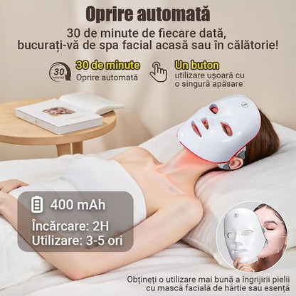 Masca faciala LED cu 7 culori, comutator cu un singur buton, 90 de bilete LED, banda reglabila, design fara fir, incarcare USB, reduce ridurile, acnee si petele, ilumineaza tonul pielii, este potrivita pentru toate tipurile de piele, alb