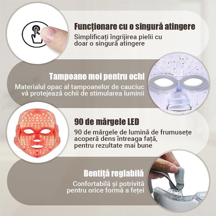 Masca faciala LED cu 7 culori, comutator cu un singur buton, 90 de bilete LED, banda reglabila, design fara fir, incarcare USB, reduce ridurile, acnee si petele, ilumineaza tonul pielii, este potrivita pentru toate tipurile de piele, alb