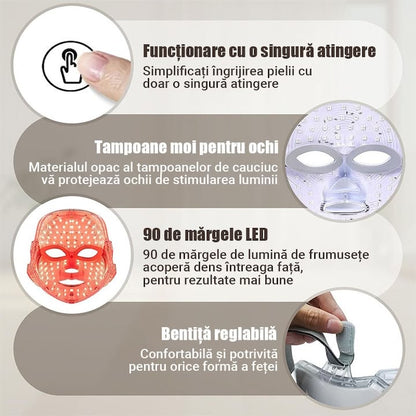 Masca faciala LED cu 7 culori, comutator cu un singur buton, 90 de bilete LED, banda reglabila, design fara fir, incarcare USB, reduce ridurile, acnee si petele, ilumineaza tonul pielii, este potrivita pentru toate tipurile de piele, alb