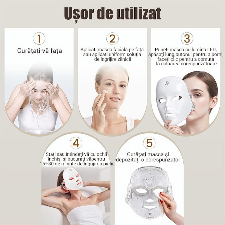 Masca faciala LED cu 7 culori, comutator cu un singur buton, 90 de bilete LED, banda reglabila, design fara fir, incarcare USB, reduce ridurile, acnee si petele, ilumineaza tonul pielii, este potrivita pentru toate tipurile de piele, alb