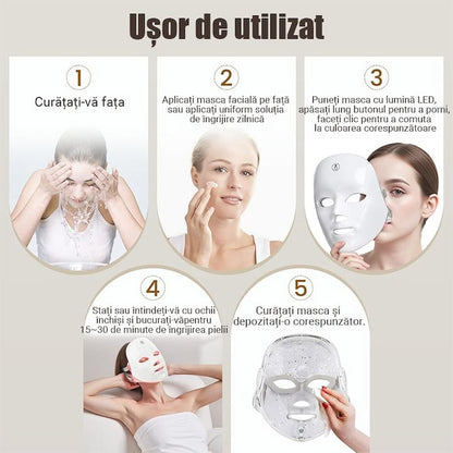 Masca faciala LED cu 7 culori, comutator cu un singur buton, 90 de bilete LED, banda reglabila, design fara fir, incarcare USB, reduce ridurile, acnee si petele, ilumineaza tonul pielii, este potrivita pentru toate tipurile de piele, alb