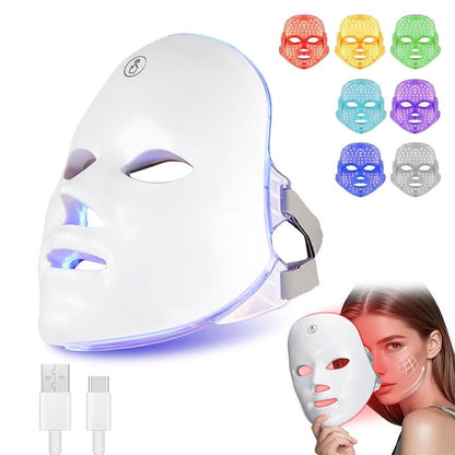 Masca faciala LED cu 7 culori, comutator cu un singur buton, 90 de bilete LED, banda reglabila, design fara fir, incarcare USB, reduce ridurile, acnee si petele, ilumineaza tonul pielii, este potrivita pentru toate tipurile de piele, alb