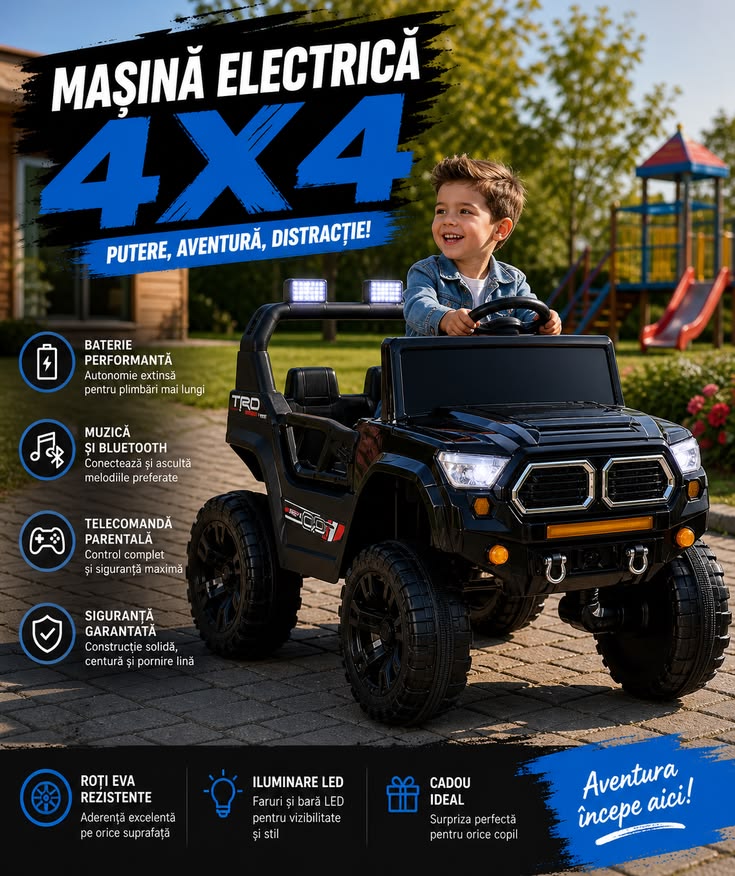 Masina electrica copii 1-8 ani tip Jeep 4x4, cu telecomanda, Bluetooth si muzica, lumina parbriz, roti din plastic, dimensiuni 85×61×54 cm, Negru