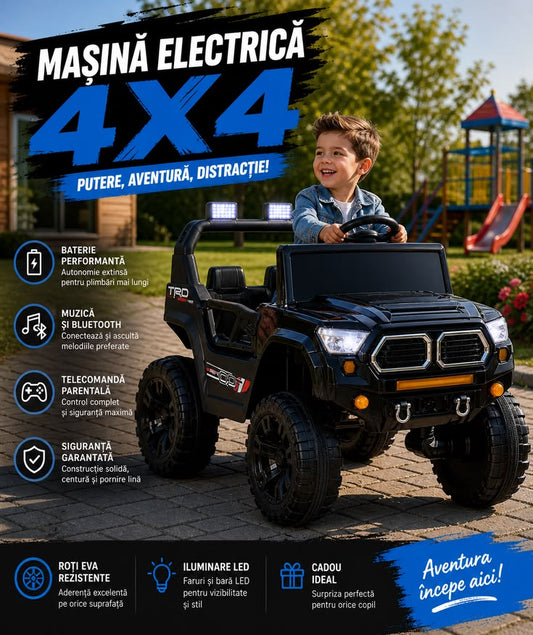 Masina electrica copii 1-8 ani tip Jeep 4x4, cu telecomanda, Bluetooth si muzica, lumina parbriz, roti din plastic, dimensiuni 85×61×54 cm, Negru