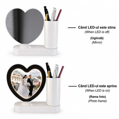 Oglinda magica PERSONALIZATA CU POZA si lumina LED cu suport de pixuri - INIMA