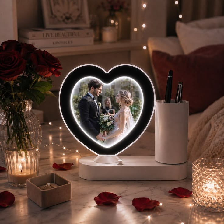 Oglinda magica PERSONALIZATA CU POZA si lumina LED cu suport de pixuri - INIMA
