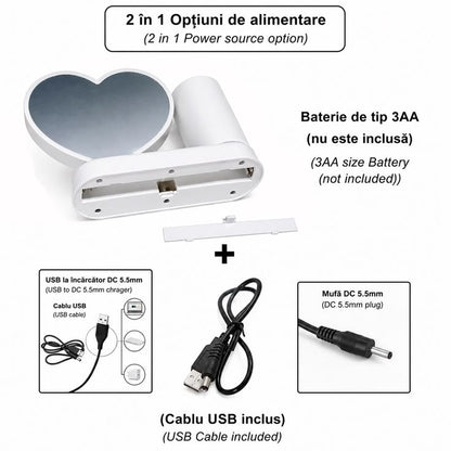 Oglinda magica PERSONALIZATA CU POZA si lumina LED cu suport de pixuri - INIMA