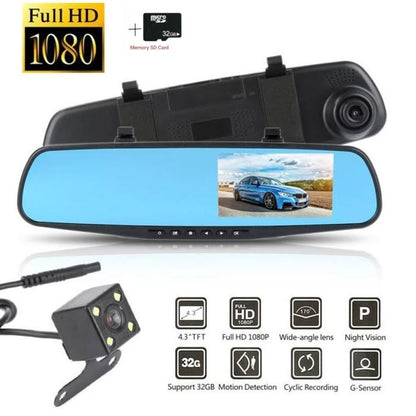 Oglinda retrovizoare cu camera fata si marsarier, card de memorie, Full HD 1080P, 32 GB Micro SD Card, 12-24V