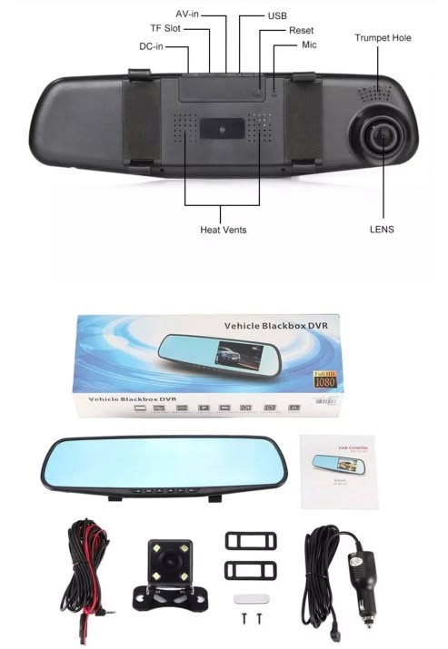 Oglinda retrovizoare cu camera fata si marsarier, card de memorie, Full HD 1080P, 32 GB Micro SD Card, 12-24V