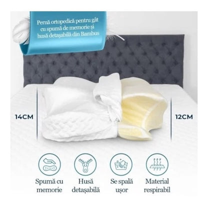 Perna ortopedica pentru gat made in GERMANY, 2 straturi de spuma cu memorie viscoelastica, Husa din fibre de bambus, Inaltime/fermitate reglabila, alb, 40 x 60 x 12-14 cm