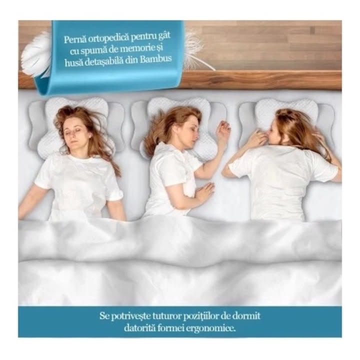 Perna ortopedica pentru gat made in GERMANY, 2 straturi de spuma cu memorie viscoelastica, Husa din fibre de bambus, Inaltime/fermitate reglabila, alb, 40 x 60 x 12-14 cm