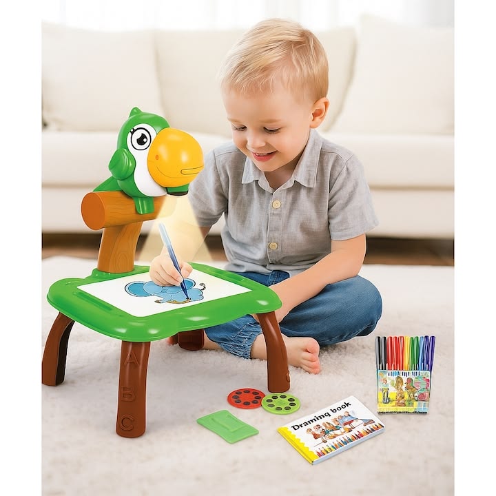 Masă de Desen cu Proiector pentru Copii, 3 Discuri cu 24 Șabloane, 12 Carioci, Muzică Relaxantă, Tabla cu Șters