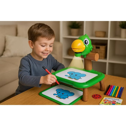 Masă de Desen cu Proiector pentru Copii, 3 Discuri cu 24 Șabloane, 12 Carioci, Muzică Relaxantă, Tabla cu Șters