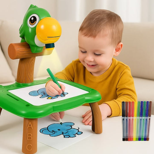 Masă de Desen cu Proiector pentru Copii, 3 Discuri cu 24 Șabloane, 12 Carioci, Muzică Relaxantă, Tabla cu Șters