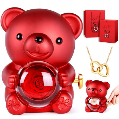 Set cadou COLIER + trandafir etern si ursulet ROSU, 360° rotativ! REDUCERE
