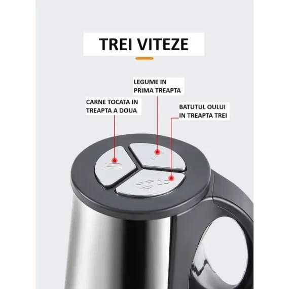 Tocator Electric Multifunctional, Capacitate 5L, Pentru Carne si Legume, 4 Lame Din Otel Inoxidabil, Recipient din Inox, 3 Viteze, Putere 1000W, Argintiu