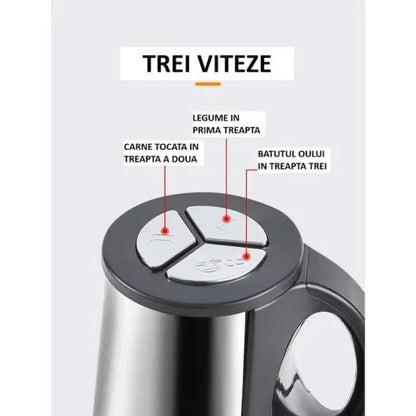 Tocator Electric Multifunctional, Capacitate 5L, Pentru Carne si Legume, 4 Lame Din Otel Inoxidabil, Recipient din Inox, 3 Viteze, Putere 1000W, Argintiu
