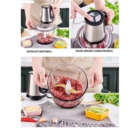 Tocator Electric Multifunctional, Capacitate 5L, Pentru Carne si Legume, 4 Lame Din Otel Inoxidabil, Recipient din Inox, 3 Viteze, Putere 1000W, Argintiu