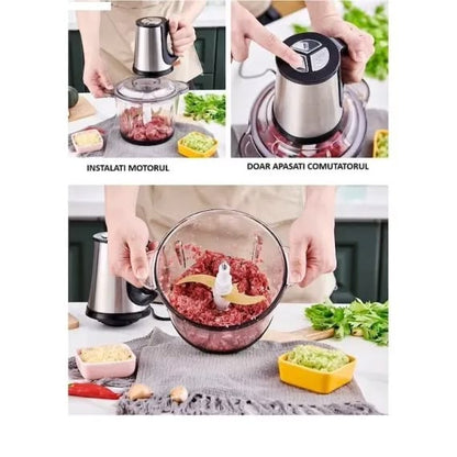 Tocator Electric Multifunctional, Capacitate 5L, Pentru Carne si Legume, 4 Lame Din Otel Inoxidabil, Recipient din Inox, 3 Viteze, Putere 1000W, Argintiu