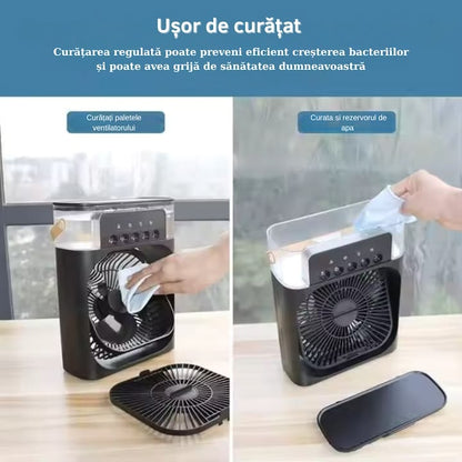 Ventilator Portabil Multifunctional Cu Pulverizare Si Aromaterapie Umidificator, iluminare LED, Timer, Rezervor 600 ml, 3 viteze,USB