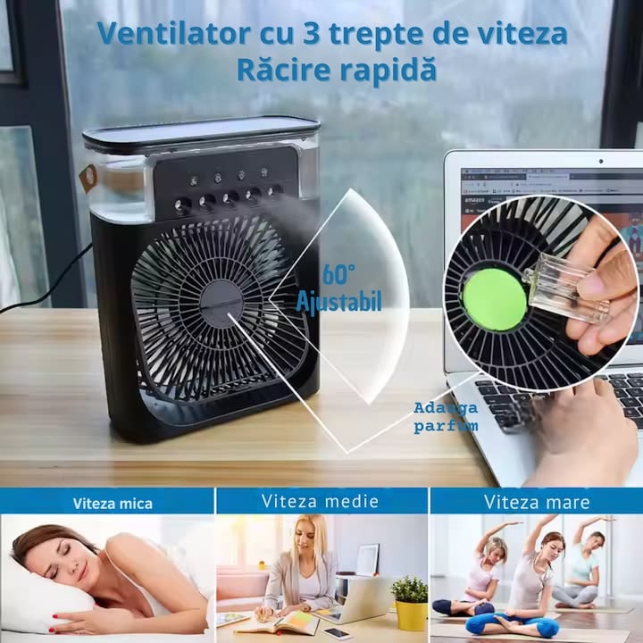 Ventilator Portabil Multifunctional Cu Pulverizare Si Aromaterapie Umidificator, iluminare LED, Timer, Rezervor 600 ml, 3 viteze,USB