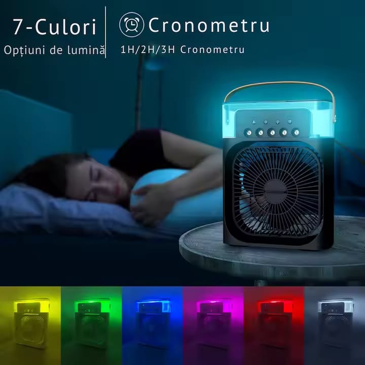 Ventilator Portabil Multifunctional Cu Pulverizare Si Aromaterapie Umidificator, iluminare LED, Timer, Rezervor 600 ml, 3 viteze,USB