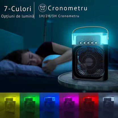 Ventilator Portabil Multifunctional Cu Pulverizare Si Aromaterapie Umidificator, iluminare LED, Timer, Rezervor 600 ml, 3 viteze,USB