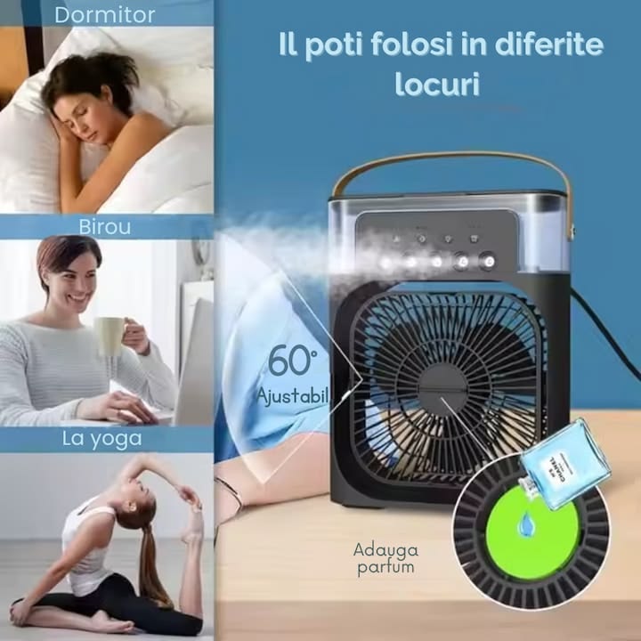 Ventilator Portabil Multifunctional Cu Pulverizare Si Aromaterapie Umidificator, iluminare LED, Timer, Rezervor 600 ml, 3 viteze,USB