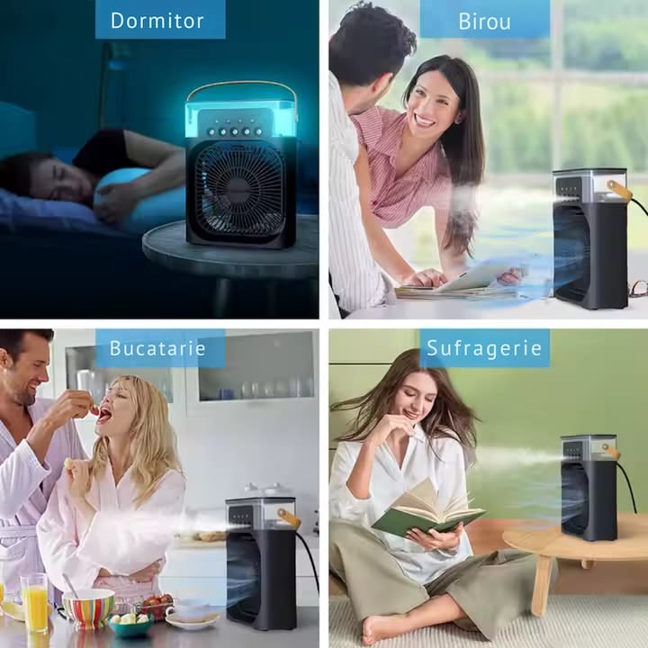 Ventilator Portabil Multifunctional Cu Pulverizare Si Aromaterapie Umidificator, iluminare LED, Timer, Rezervor 600 ml, 3 viteze,USB