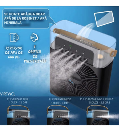 Ventilator Portabil Multifunctional Cu Pulverizare Si Aromaterapie Umidificator, iluminare LED, Timer, Rezervor 600 ml, 3 viteze,USB