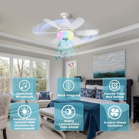 Ventilator de tavan cu iluminare LED SI BOXA, Diametru 52 cm, 3 trepte viteza, Telecomanda, 3 nuante culoare, 15W