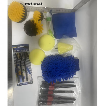 Set 17 Accesorii pentru Curatare Auto, PREMIUM, Interior si Exterior, 4 Capete pentru Bormasina, 5 Pensule, 3 Perii, 1 Laveta, 1 Manusa, 1 Perie Tripla Grilaj, 2 Bureti, Multicolor