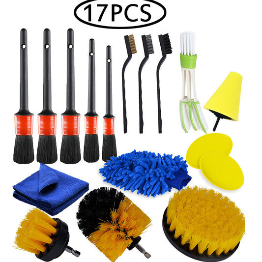 Set 17 Accesorii pentru Curatare Auto, PREMIUM, Interior si Exterior, 4 Capete pentru Bormasina, 5 Pensule, 3 Perii, 1 Laveta, 1 Manusa, 1 Perie Tripla Grilaj, 2 Bureti, Multicolor