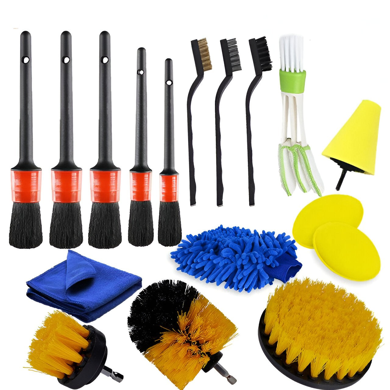 Set 17 Accesorii pentru Curatare Auto, PREMIUM, Interior si Exterior, 4 Capete pentru Bormasina, 5 Pensule, 3 Perii, 1 Laveta, 1 Manusa, 1 Perie Tripla Grilaj, 2 Bureti, Multicolor