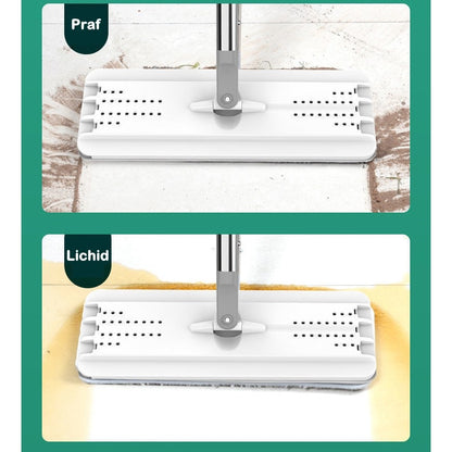 Set de curatenie PREMIUM, mop si galeata, galeata 5.7 l, 4 rezerve microfibra incluse, design modern, pentru interior, material plastic, peri sintetici, plat, cu storcere, alb