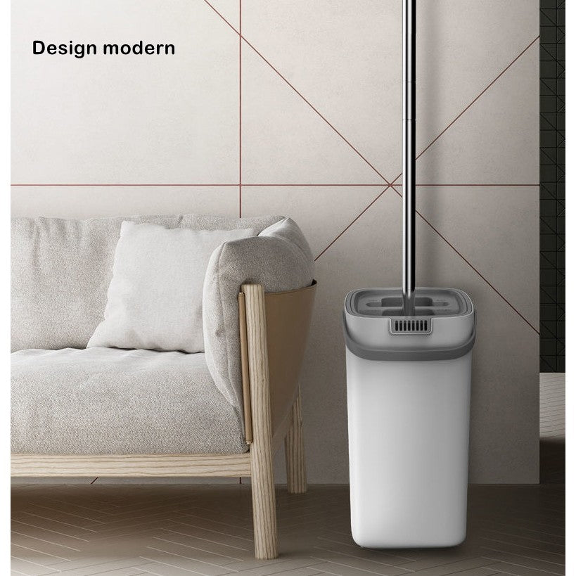 Set de curatenie PREMIUM, mop si galeata, galeata 5.7 l, 4 rezerve microfibra incluse, design modern, pentru interior, material plastic, peri sintetici, plat, cu storcere, alb