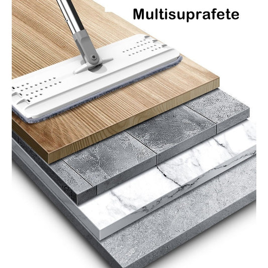 Set de curatenie PREMIUM, mop si galeata, galeata 5.7 l, 4 rezerve microfibra incluse, design modern, pentru interior, material plastic, peri sintetici, plat, cu storcere, alb